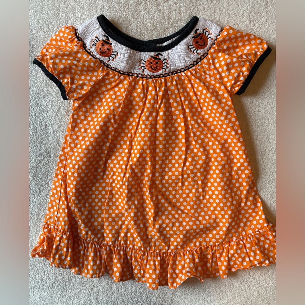 Halloween Smock Neck Orange Polka Dot Dress, Embroidered Spiders Design, 2T